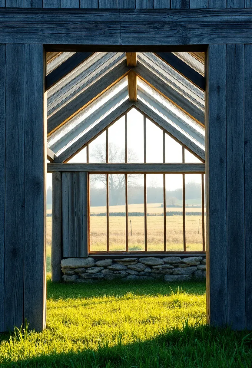 A greenhouse framed with weathered reclaimed barn timbers and glass infill panels set in a rural property with fields beyond