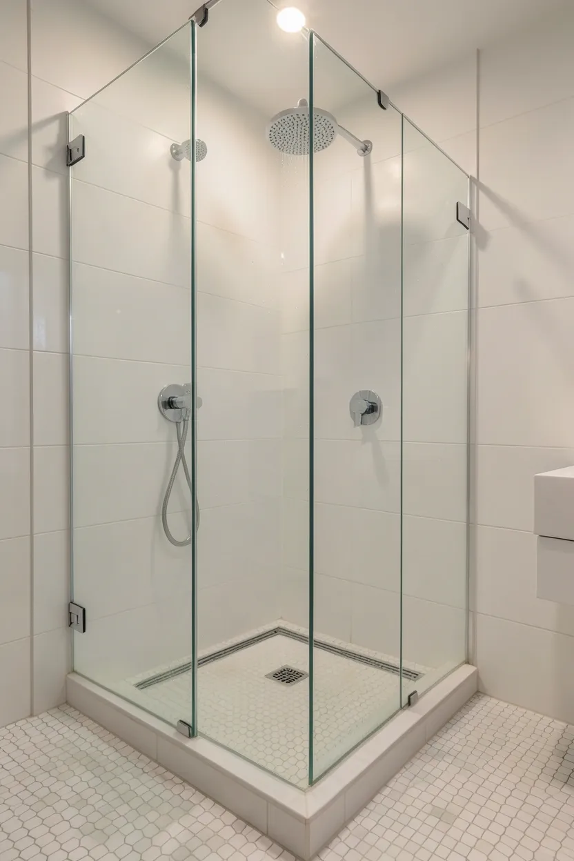 Frameless glass shower enclosure with rainfall showerhead and seamless white tile walls in a minimalist bathroom