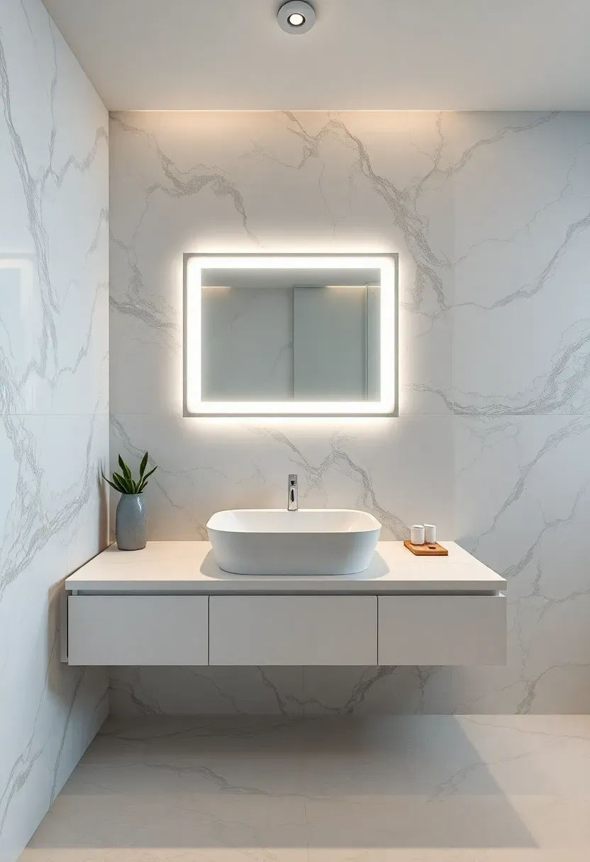 Sleek modern bathroom with full-height porcelain slab backsplash in calacatta marble look extending from vanity to ceiling with integrated LED mirror
