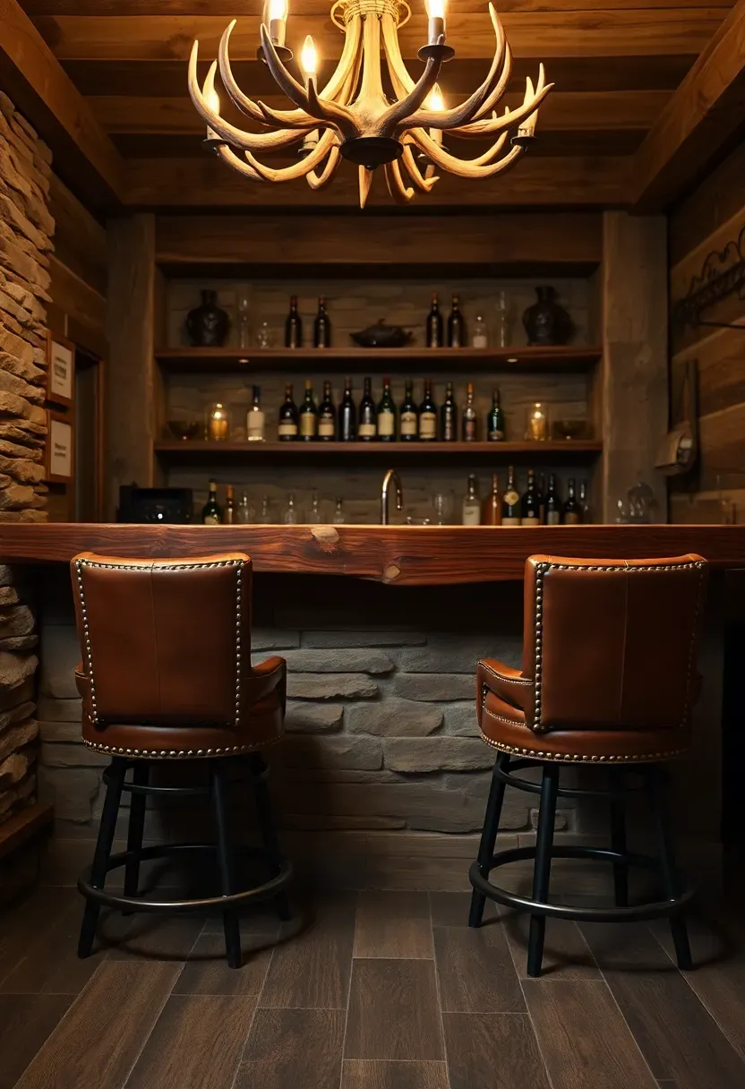 lodge style basement bar with stacked stone base heavy timber countertop antler chandelier and leather seating