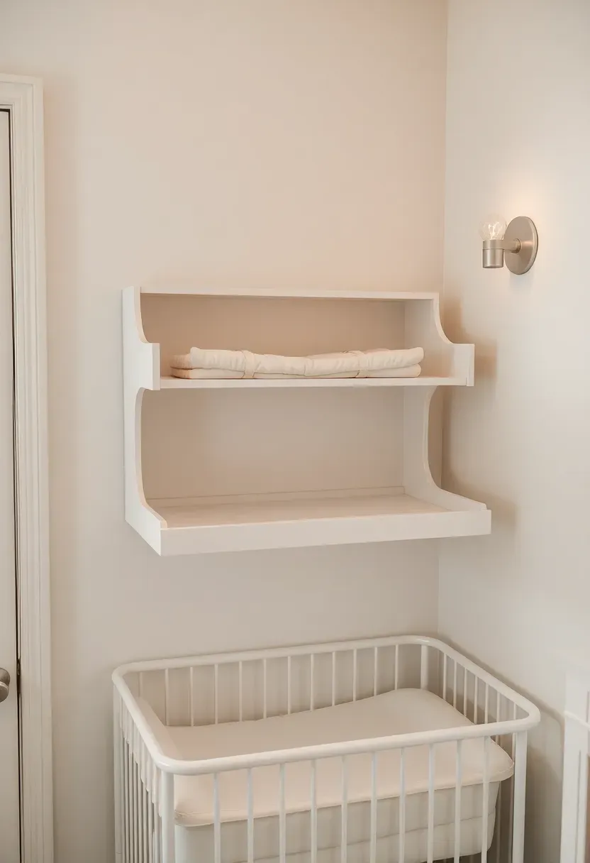 Wall-mounted changing shelf above white bassinet in small parent bedroom with dimmable wall sconce and diaper caddy within reach