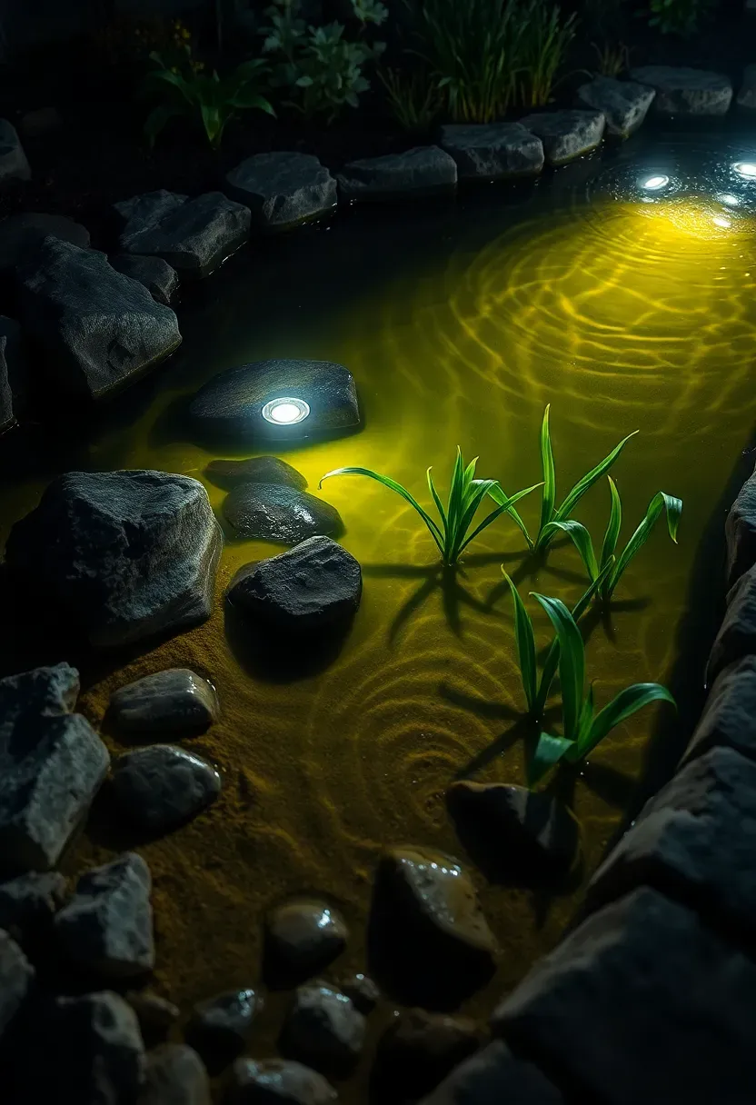 A small backyard garden pond at night with underwater LED lights illuminating rocks and aquatic plants from below the water surface