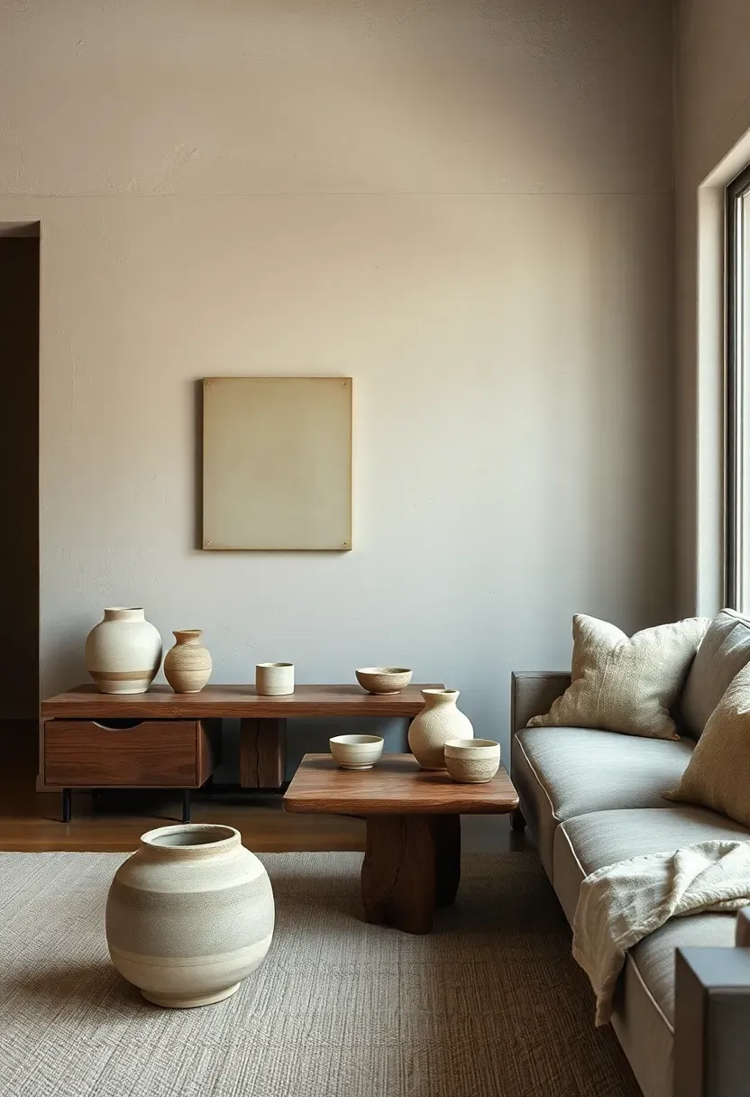 Hyper-realistic view of wabi-sabi inspired living room. Hand-troweled plaster walls with subtle texture, furniture with visible knots and natural wood edges, handmade ceramic vessels with irregular shapes, linen with natural slubs. Materials: lime plaster with variation, walnut with visible grain, hand-thrown ceramics, linen fabric. Soft natural light emphasizing surface textures. Wabi-sabi organic mood with neutral palette. Shallow depth of field, sharp details on imperfections, intentionally asymmetrical arrangement, visible handmade quality.</p>