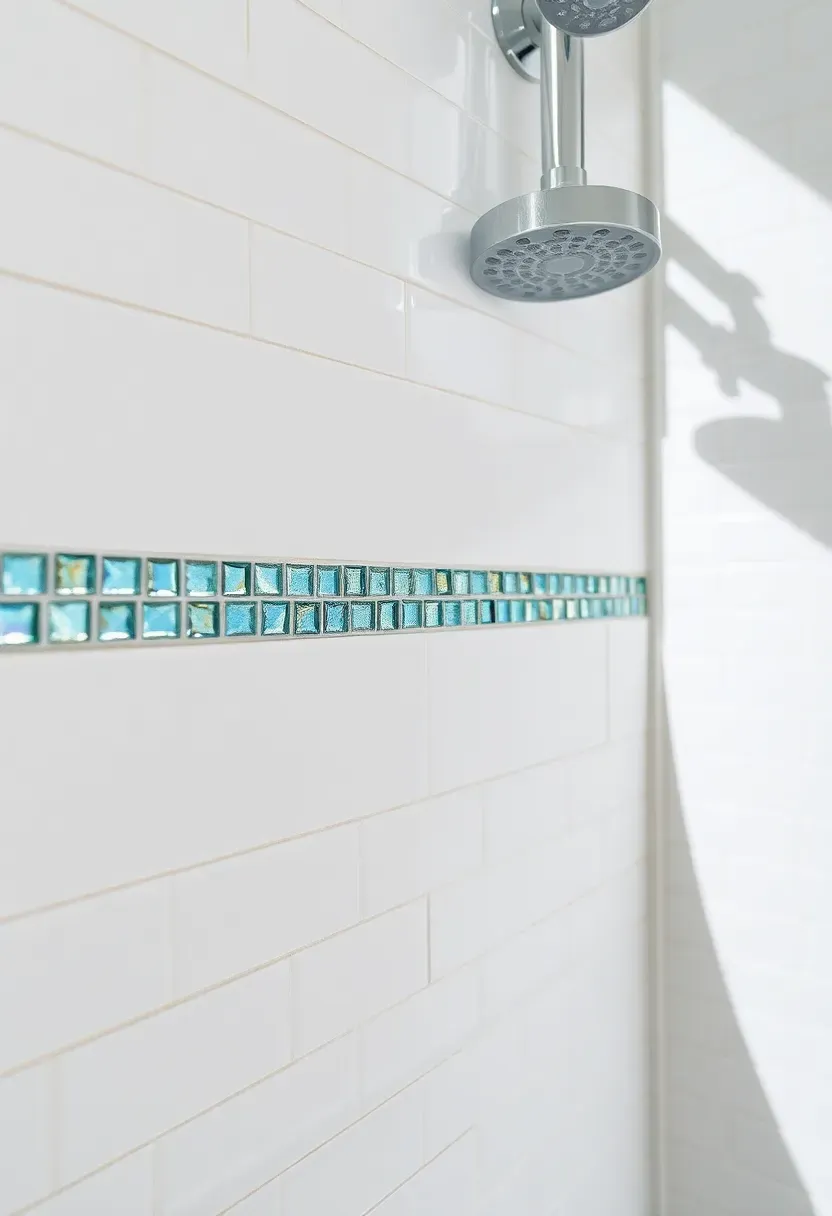 Narrow horizontal mosaic accent strip in blue green and gold glass tiles installed at eye level across a white bathroom wall