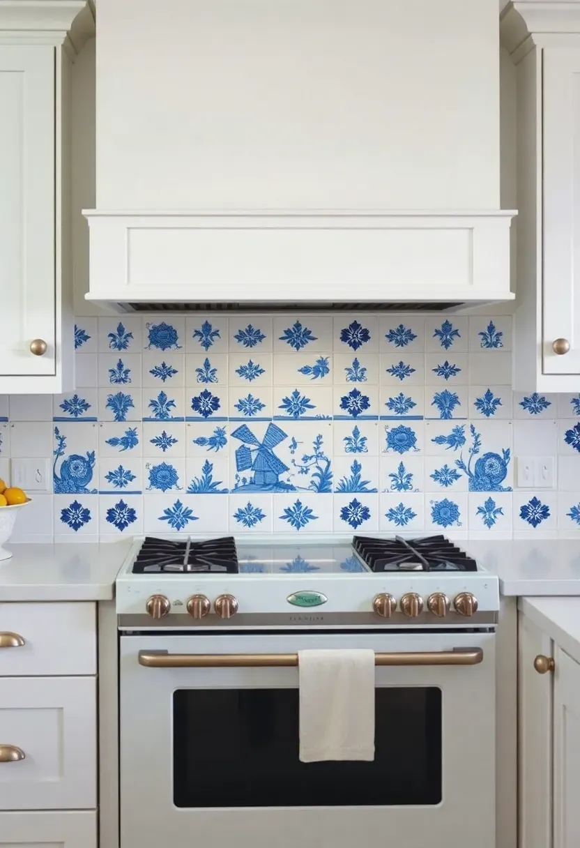 blue and white Delft-inspired tile backsplash behind stove with cobalt hand-painted motifs and traditional white kitchen