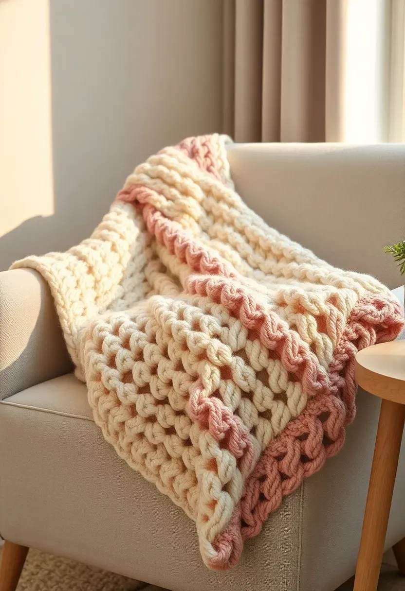 handmade chunky knitted baby blanket in cream and blush draped over a nursery chair