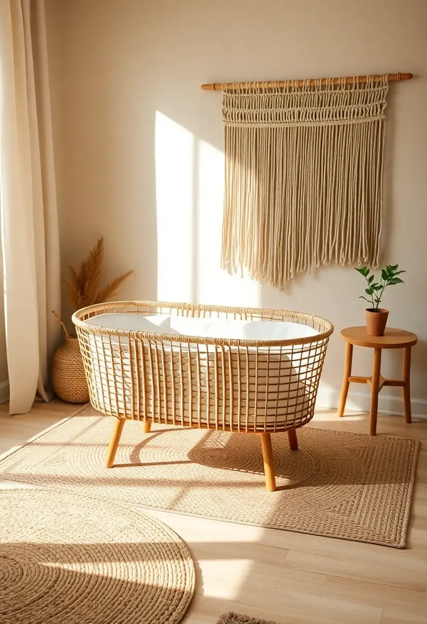 modern boho nursery with rattan bassinet macrame wall hanging and layered textiles