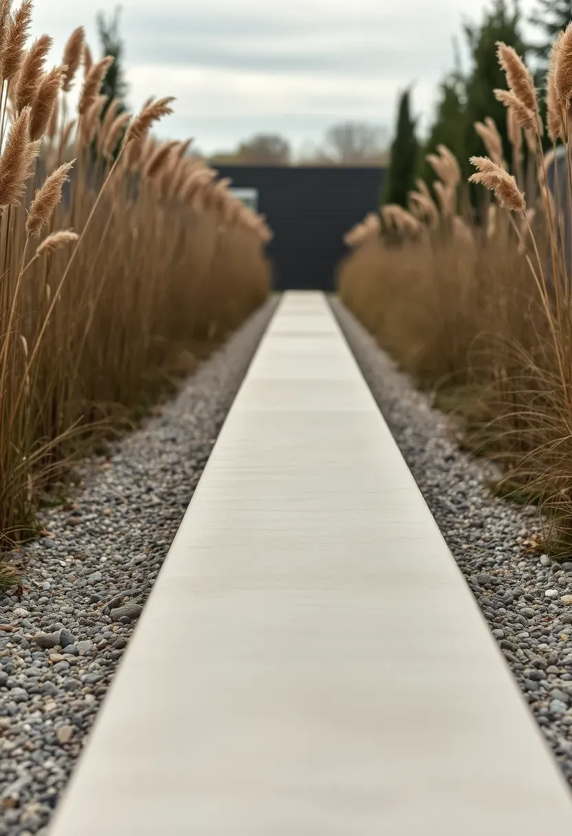A long minimalist concrete bench with rounded edges set along a gravel garden path bordered by ornamental grasses