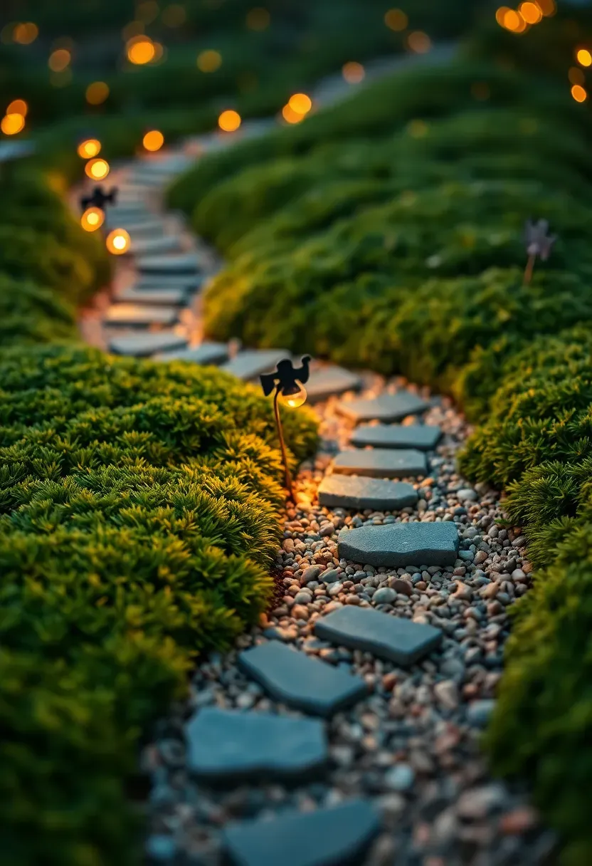 A winding miniature fairy path through a garden bed lit by tiny solar stake lights, with pebble stepping stones, moss borders, and small fairy silhouette signs along the route