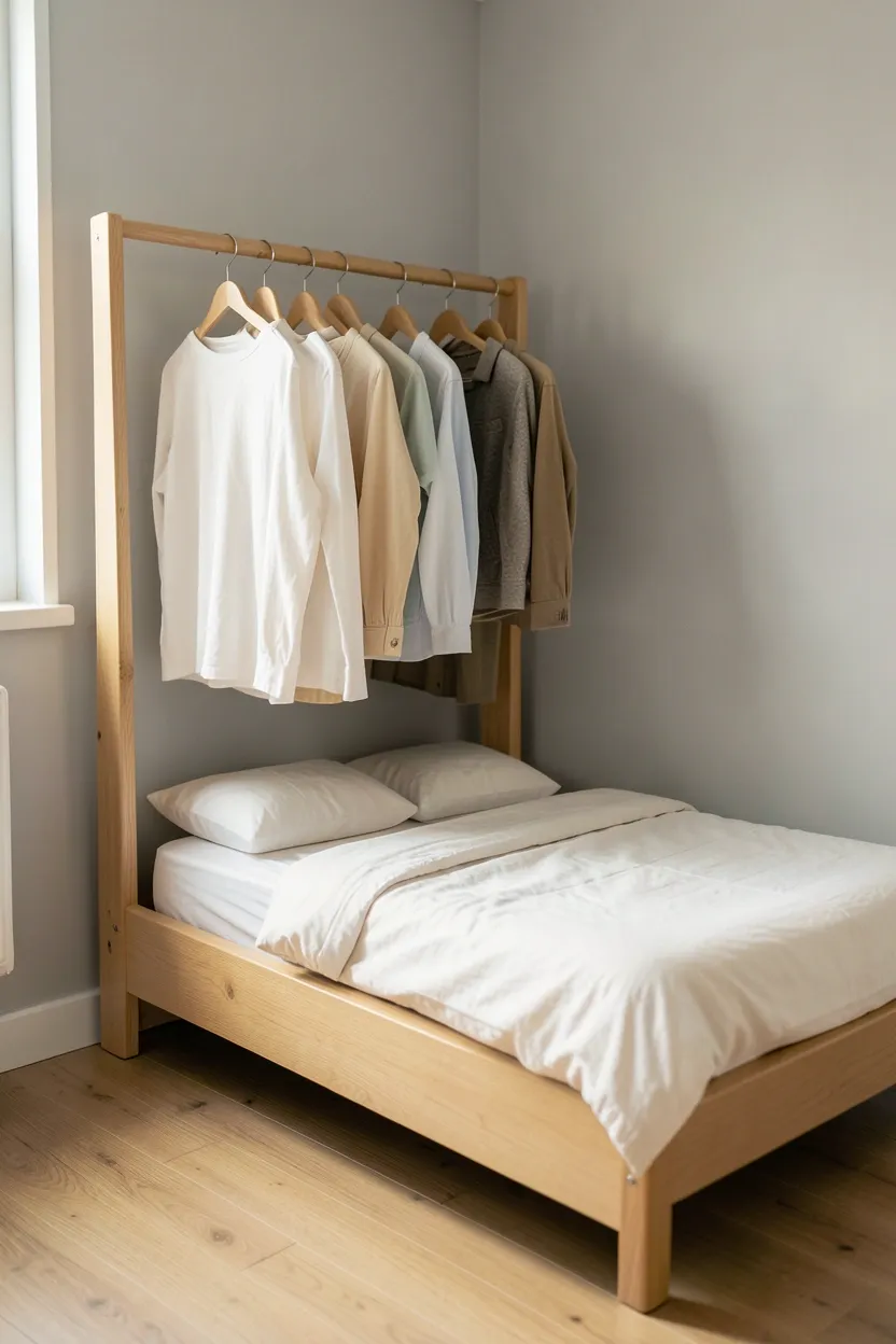 Compact Bed Frame with Integrated Clothing Rack