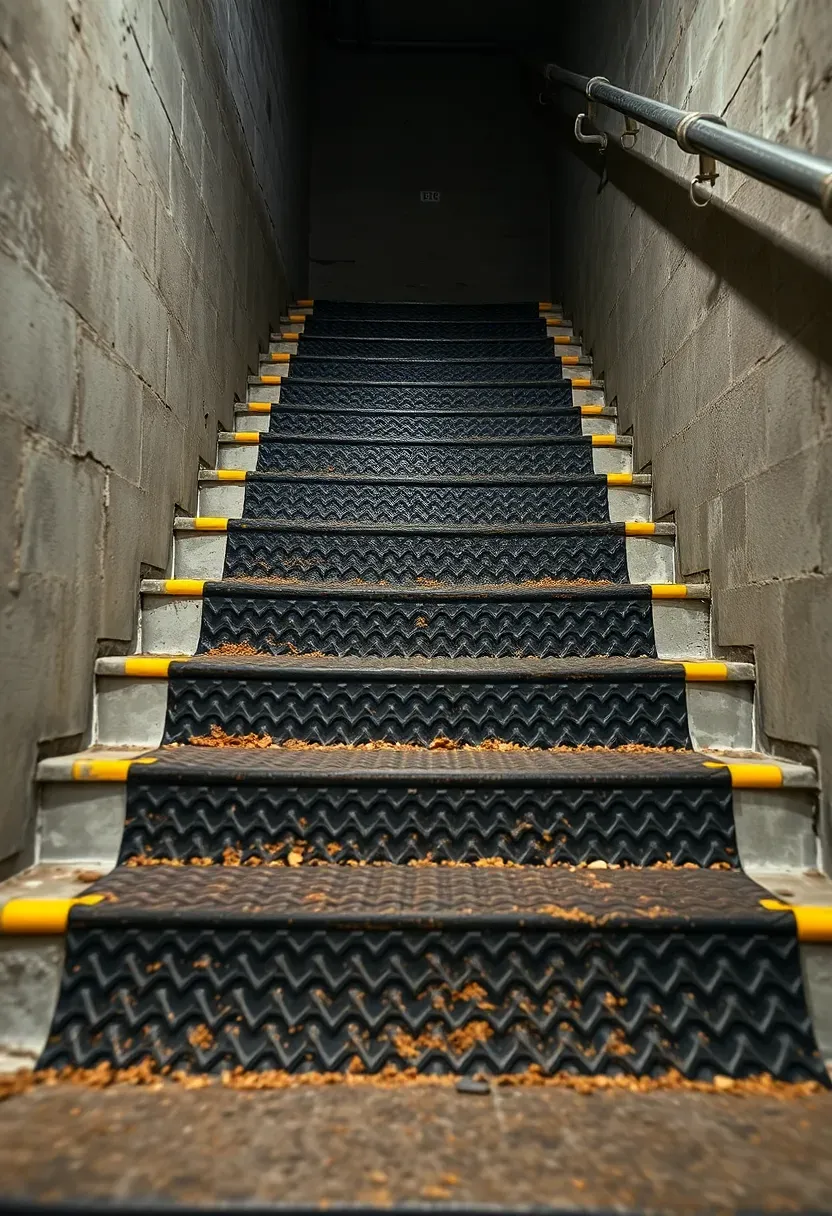 Basement concrete stairs with heavy-duty black rubber tread covers securely installed on each step providing grip texture and yellow safety nosing