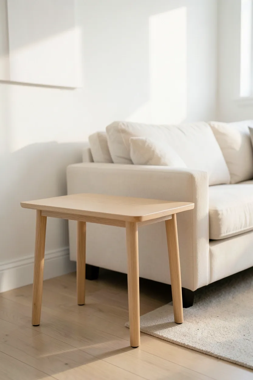 Pair of slim birch wood side tables beside a sofa in a minimal Scandinavian apartment living room