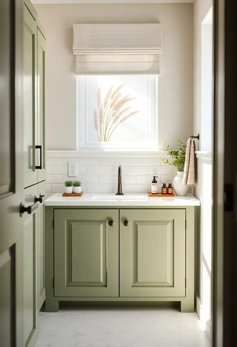 Coastal farmhouse bathroom with sage green Shaker style vanity cabinet, white quartz countertop, subway tile backsplash, oil-rubbed bronze fixtures, and a framed botanical print