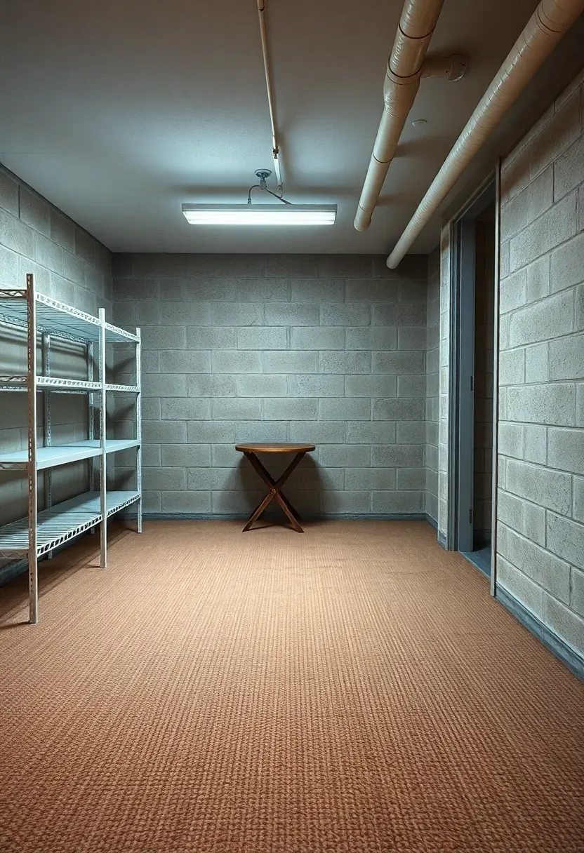 basement with indoor-outdoor flat weave carpet in a sandy beige tone near a utility area