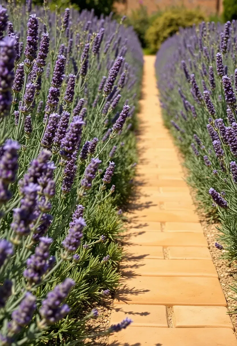 Sunny garden border with dense rows of blooming lavender and rosemary bushes along a stone pathway releasing fragrance into the air
