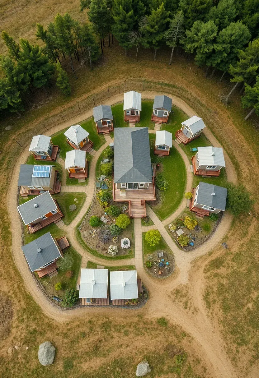 Hyper-realistic aerial perspective of tiny house village showing 8-10 small homes of various sizes clustered around central community building with deck, walking paths connecting units, communal garden areas, landscaping. Mix of tiny house styles, natural materials, solar panels visible. Rural setting with trees in background. Bright overcast daylight for even illumination. Community planning mood. Sharp details showing layout and relationships. No text, no logos, no watermarks.</p>