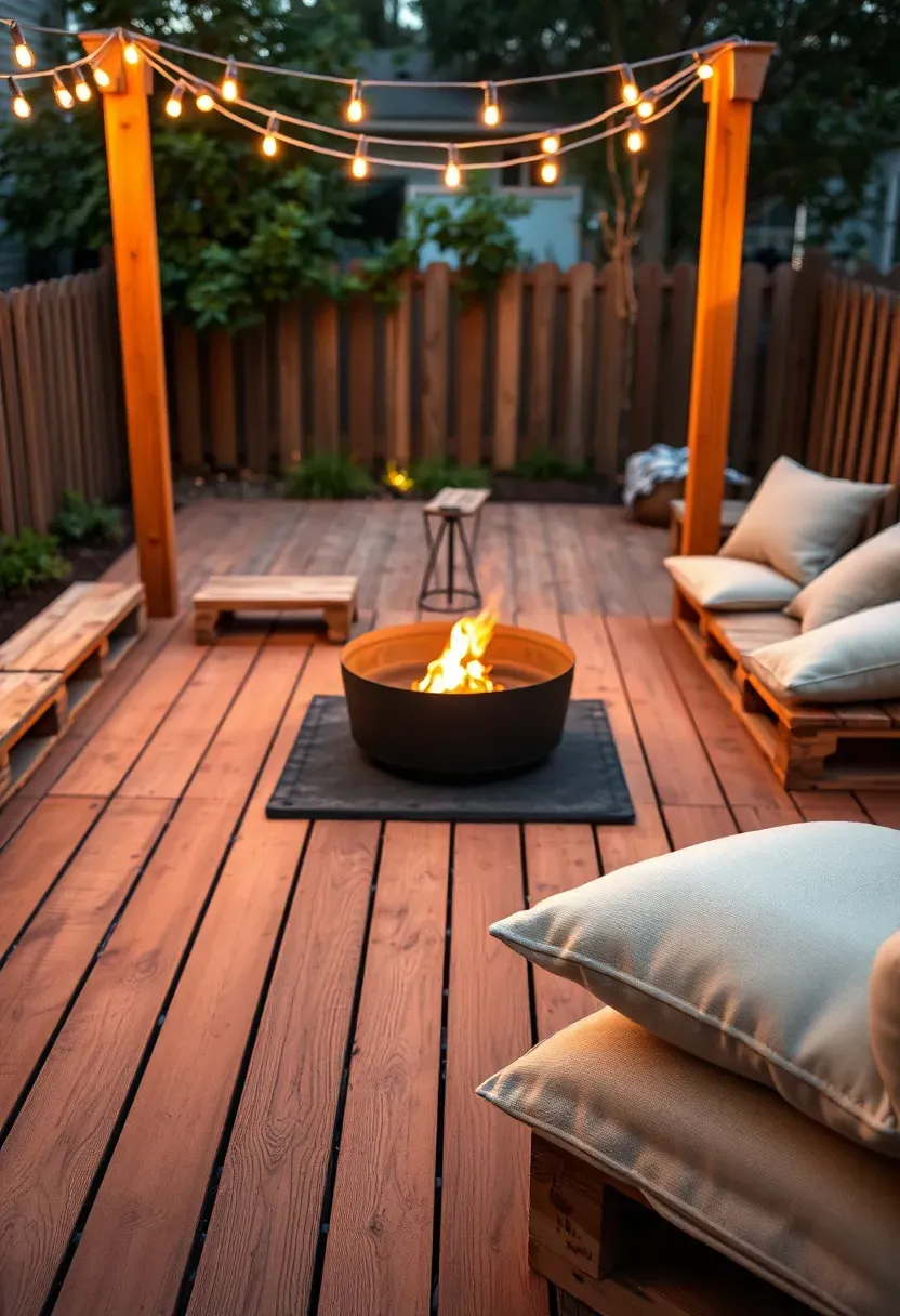 A DIY pallet deck surrounding a fire pit area with string lights and outdoor cushions in a small backyard