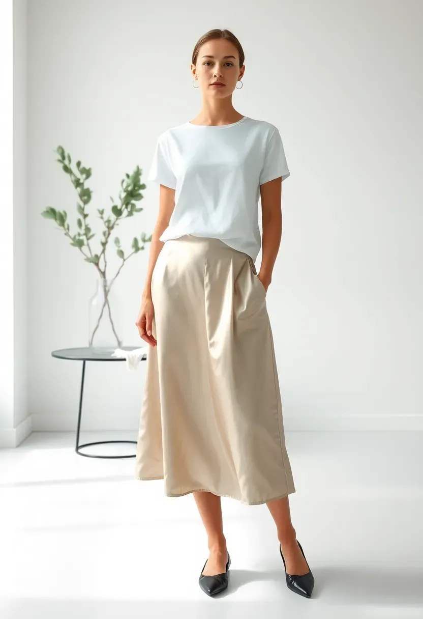 woman wearing a silver satin midi skirt with a tucked-in white cotton t-shirt at a modern minimalist baby shower