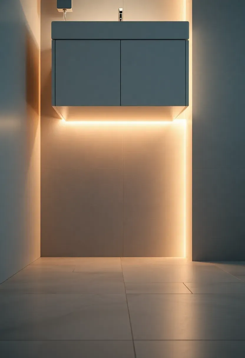 Warm white LED strip lighting beneath a floating vanity creating soft ambient glow in a calm modern bathroom at night