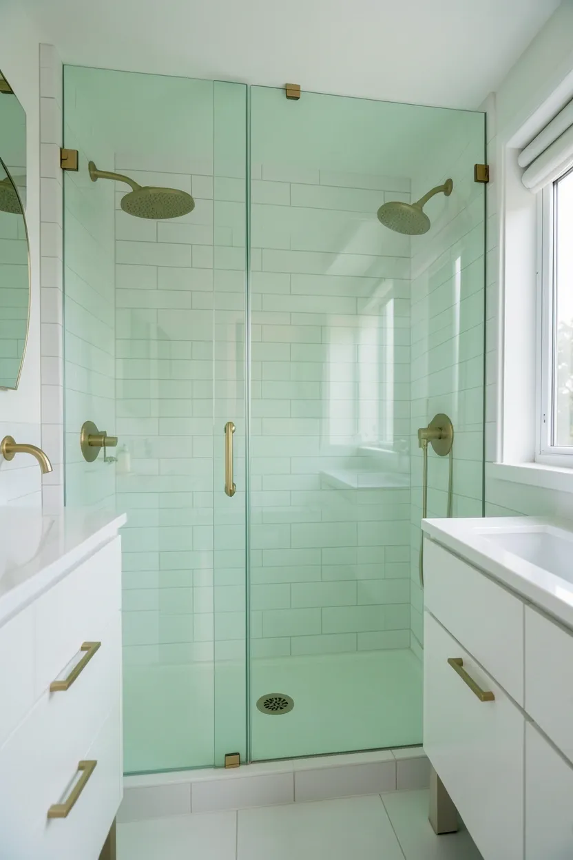 Hyper-realistic eye-level photograph of a modern green bathroom featuring frameless shower enclosure with pale mint green glass, white subway tile walls inside shower visible through glass, white vanity outside, brass fixtures. Natural light passing through green glass. Materials: pale green tempered glass, white ceramic tiles, brass fixtures. Subtle green tinted glass. Clean modern aesthetic. No text, no logos, no watermarks.</p>