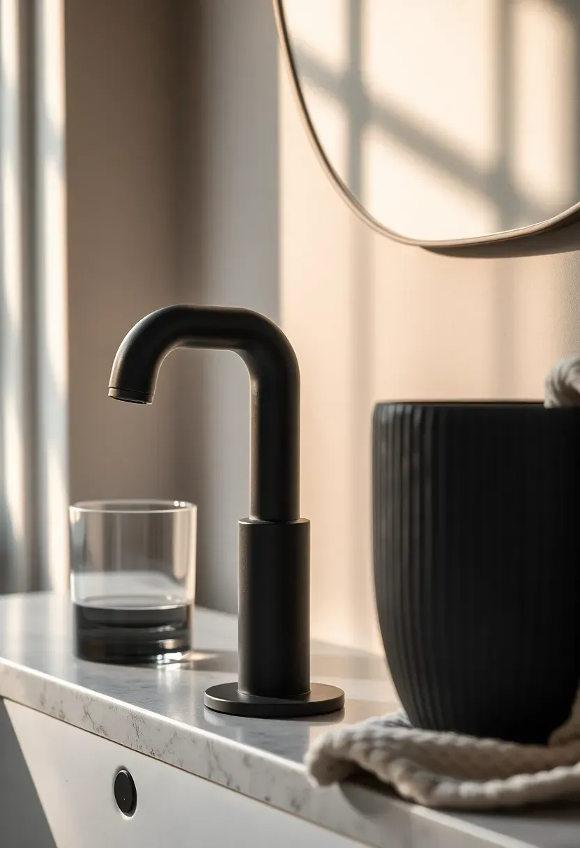 Matte black fixtures paired with stone