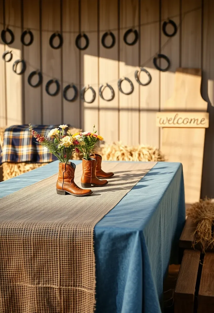 cowboy western baby shower with burlap and denim table decor, mini cowboy boot centerpieces, horseshoe garlands, hay bale seating, and a rustic wooden welcome sign