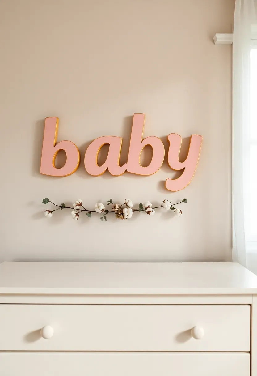 personalized name letters on nursery wall for baby girl in pink and gold