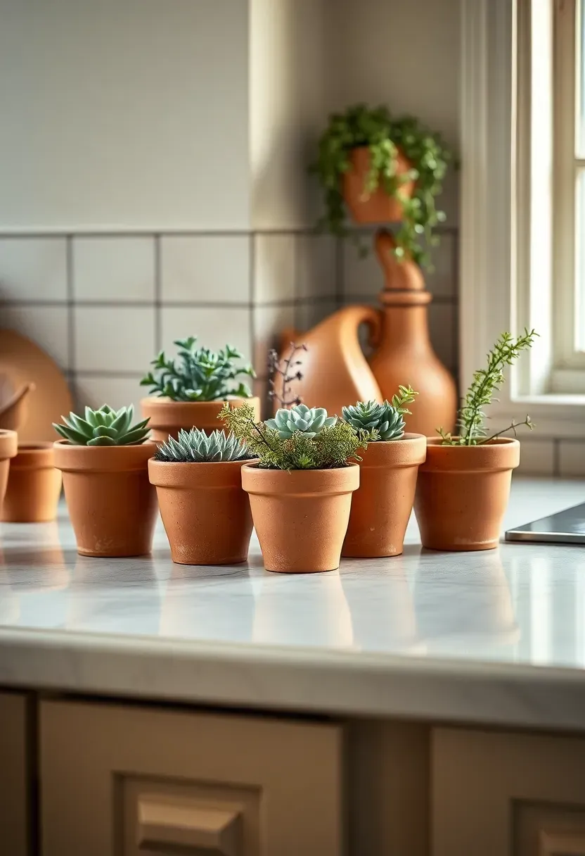 Terracotta pot cluster with succulents and herbs above kitchen cabinets