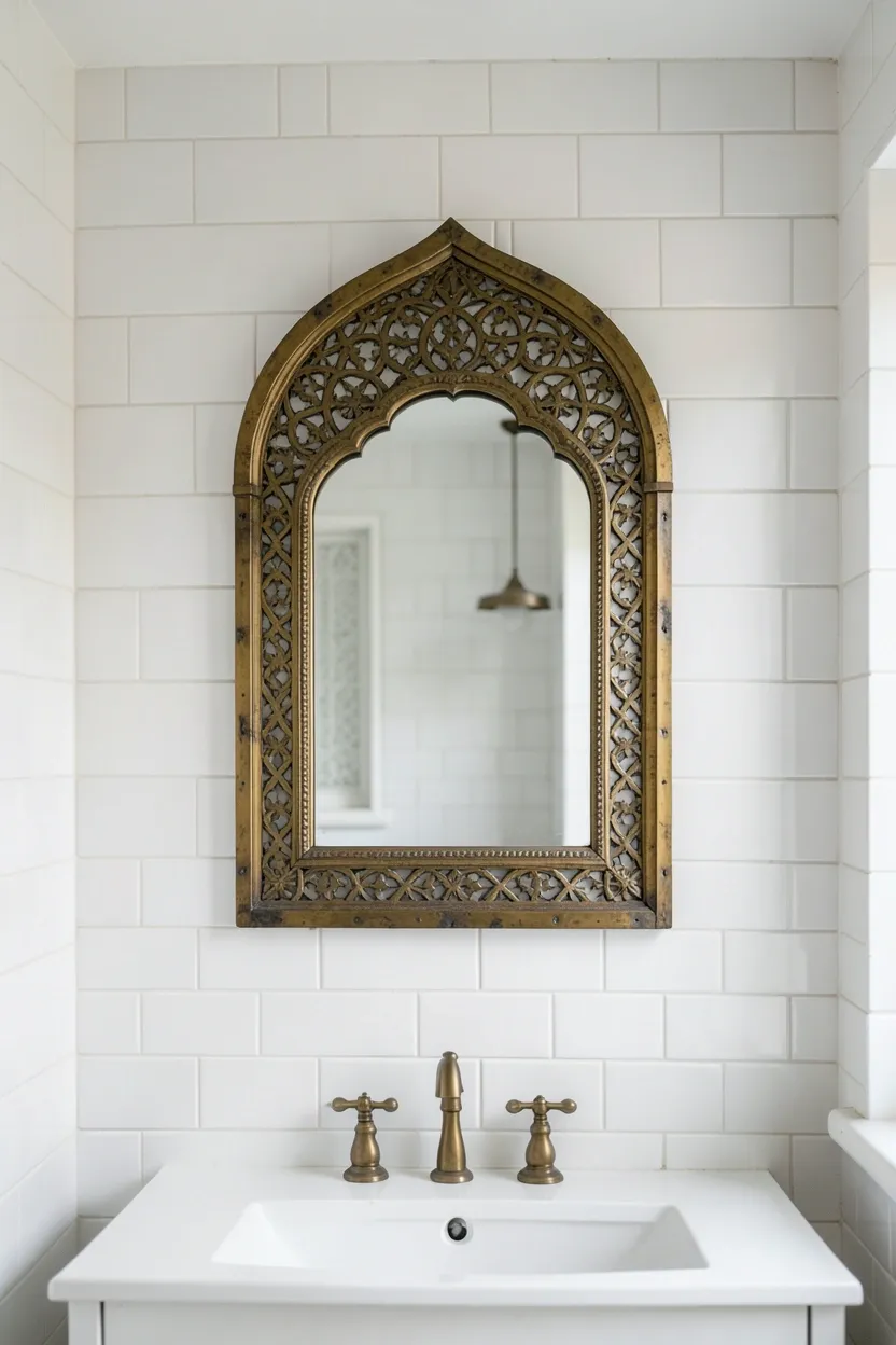 Hyper-realistic eye-level photograph of a Moroccan-style bathroom featuring arched mirror frame in aged brass with ornate geometric patterns, mounted on white subway tile wall, white vanity with brass faucet below. Natural light. Materials: aged brass metal, white ceramic tiles, white wood. Moroccan arched mirror design. Intricate brass details. No text, no logos, no watermarks.</p>