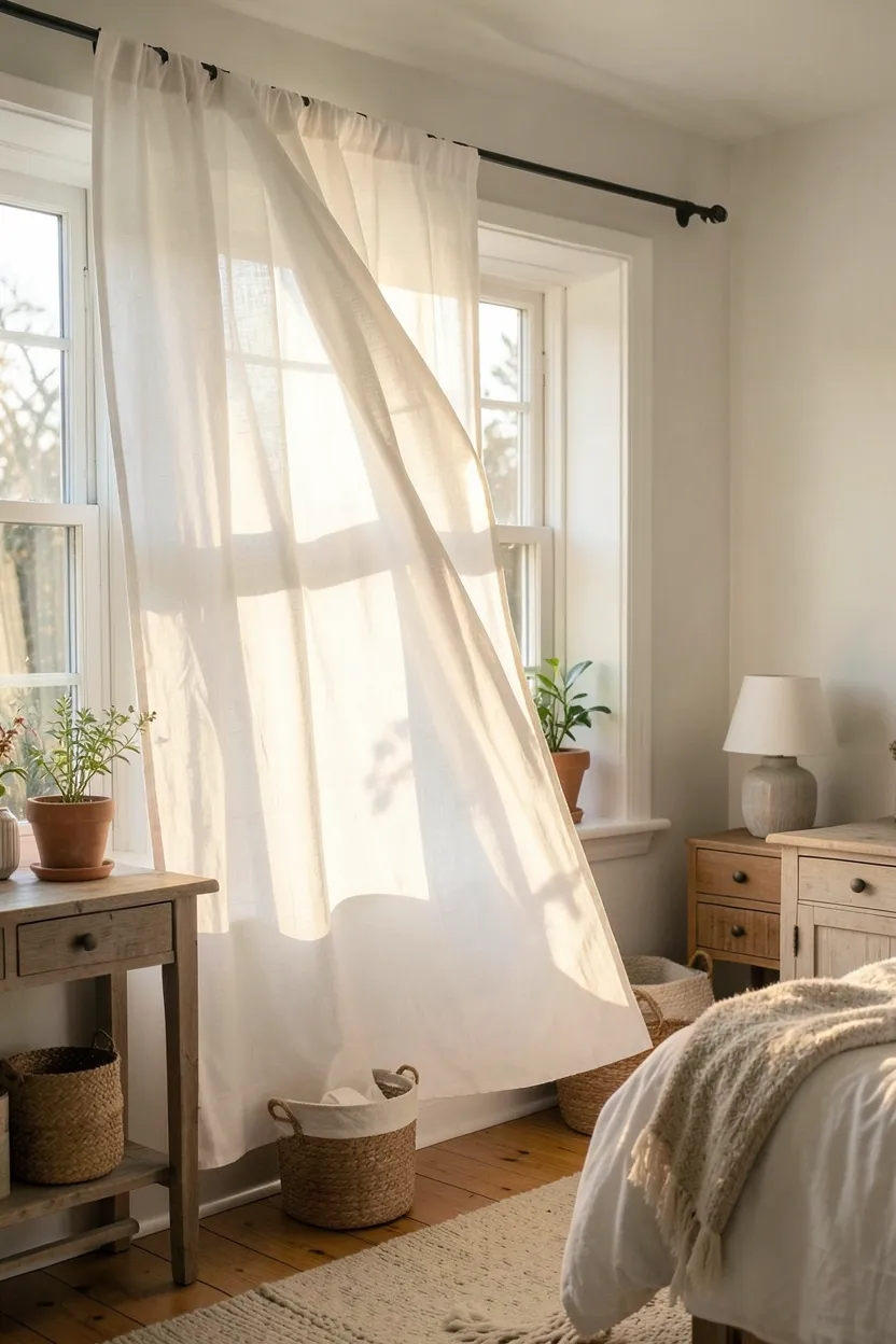 Sheer white linen curtains diffusing soft natural light in a scandinavian farmhouse bedroom with neutral decor