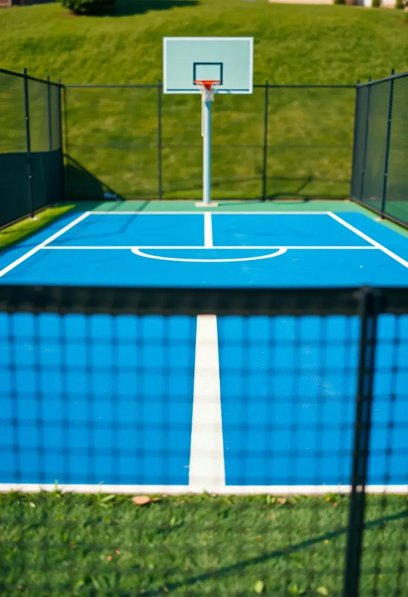 Backyard sport court with colored acrylic surface for basketball and pickleball with fencing around it