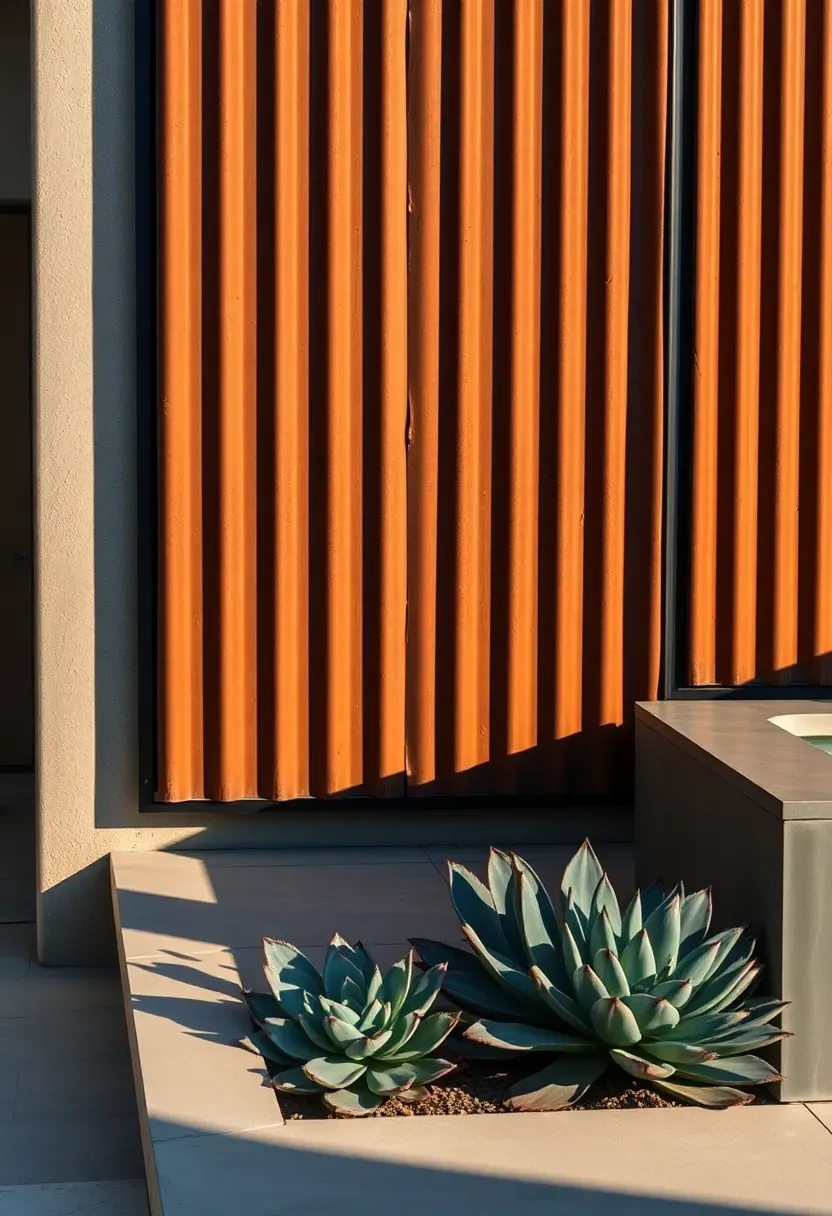A corrugated metal accent wall in weathered rust patina finish mounted on a steel frame beside a modern hot tub with concrete surround and agave plants