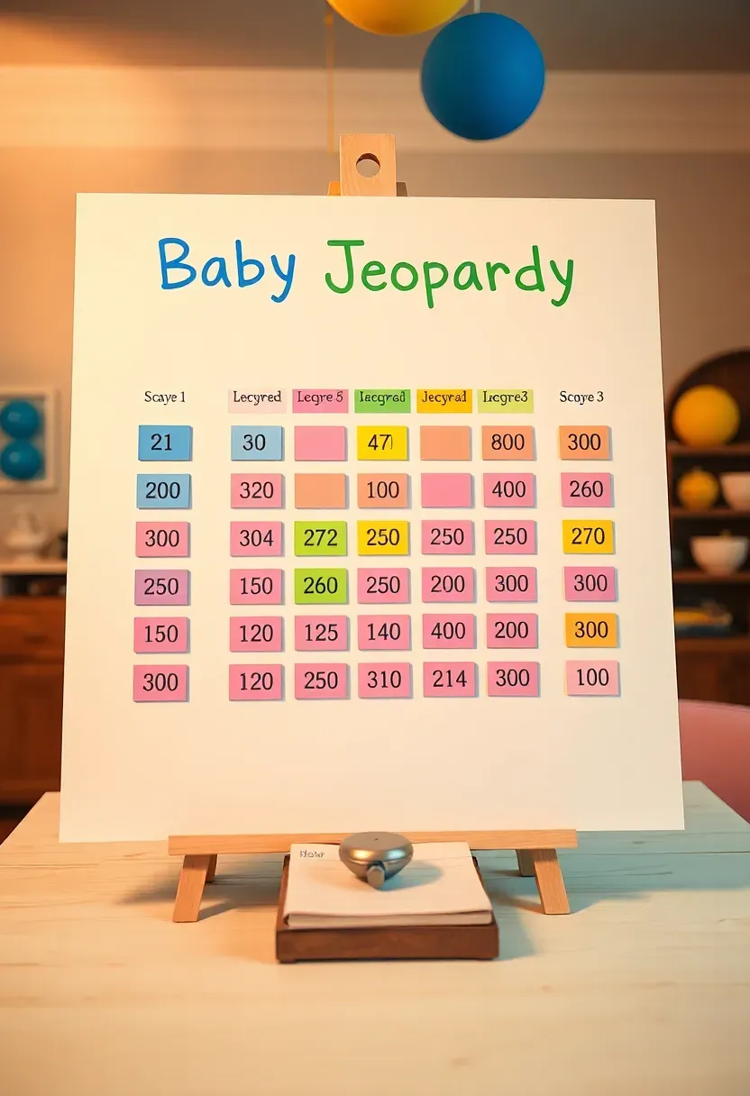 baby jeopardy game board displayed on a large screen with colorful category cards at a shower party