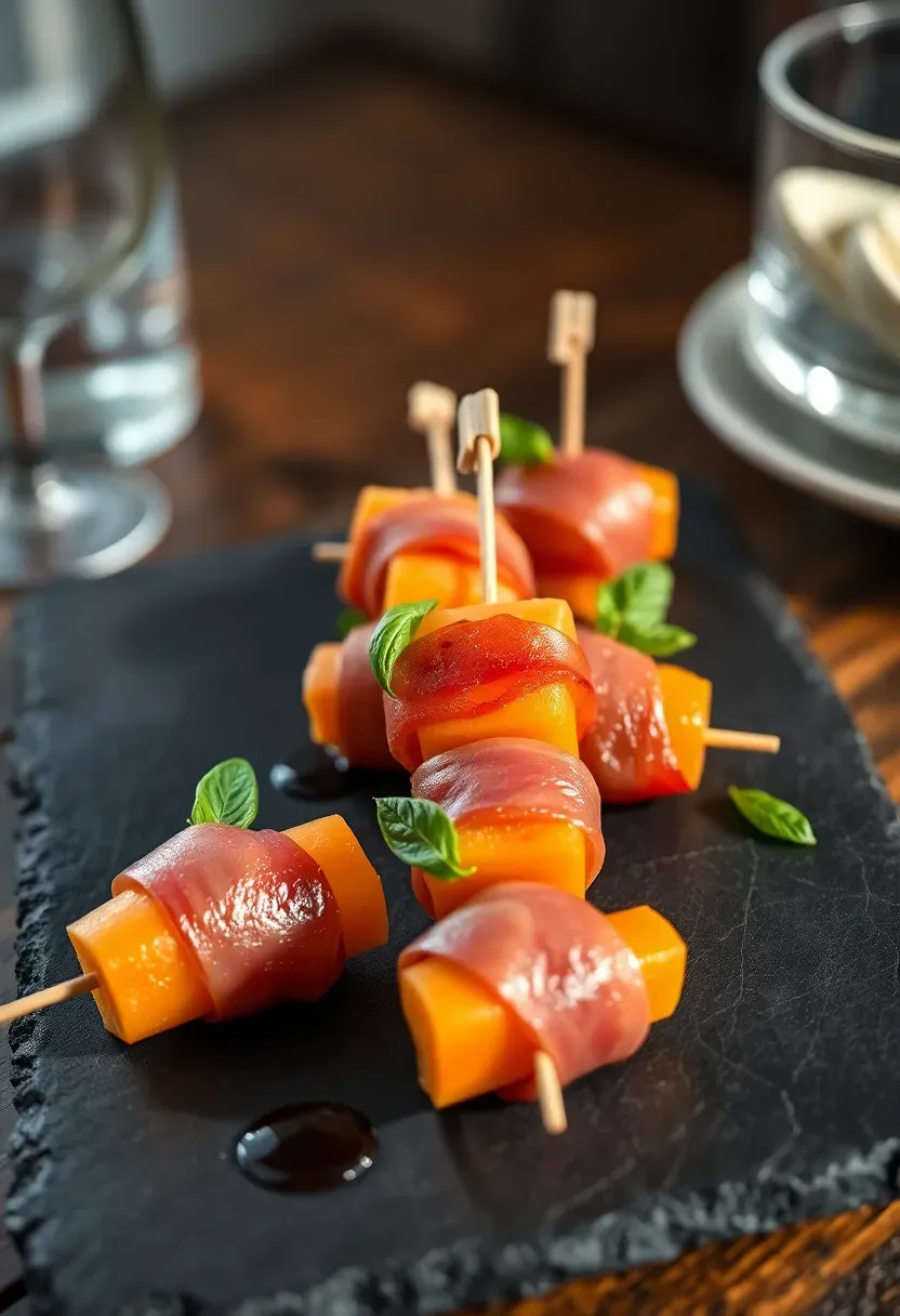 prosciutto wrapped melon ball skewers with fresh basil leaves arranged on a slate platter at an elegant baby shower