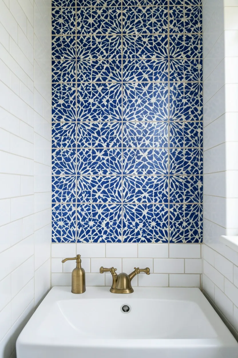 Hyper-realistic eye-level photograph of a Moroccan-style bathroom accent wall featuring mosaic tile panel in cobalt blue and white with complex starburst and geometric arabesque patterns, surrounded by white subway tile walls, white vanity with brass faucet in foreground. Natural light illuminating mosaic details. Materials: small blue and white mosaic tiles, white ceramic subway tiles, brass fixtures, white wood. Intricate Moroccan mosaic design. Complex geometric patterns. No text, no logos, no watermarks.</p>