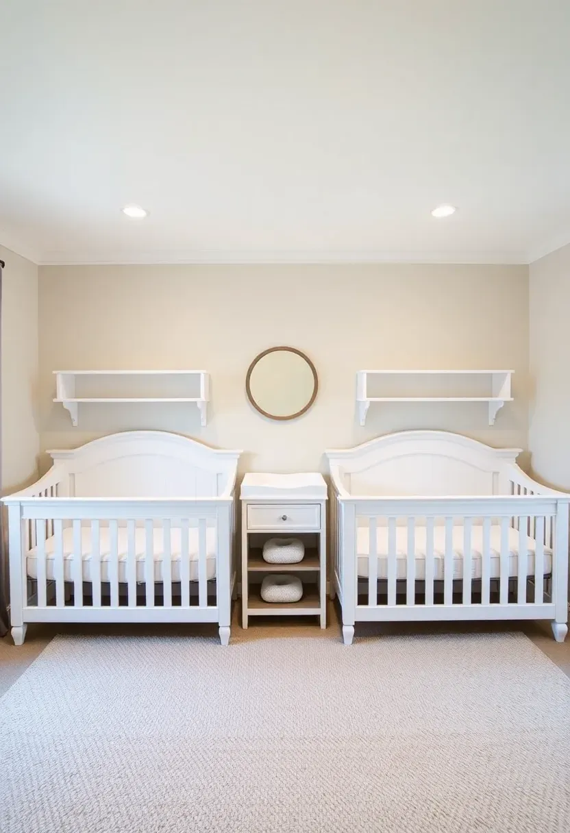 Matching mini cribs in mirrored bedroom corners with identical storage and lighting for twins in a compact rental master bedroom