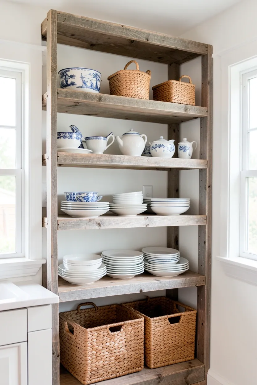 Open Shelving with Woven Baskets and Coastal Ceramics