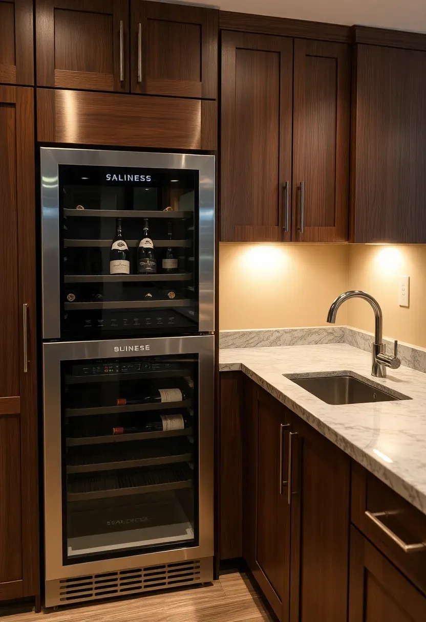 basement wet bar with built-in dual zone wine fridge beneath the counter next to a small stainless bar sink