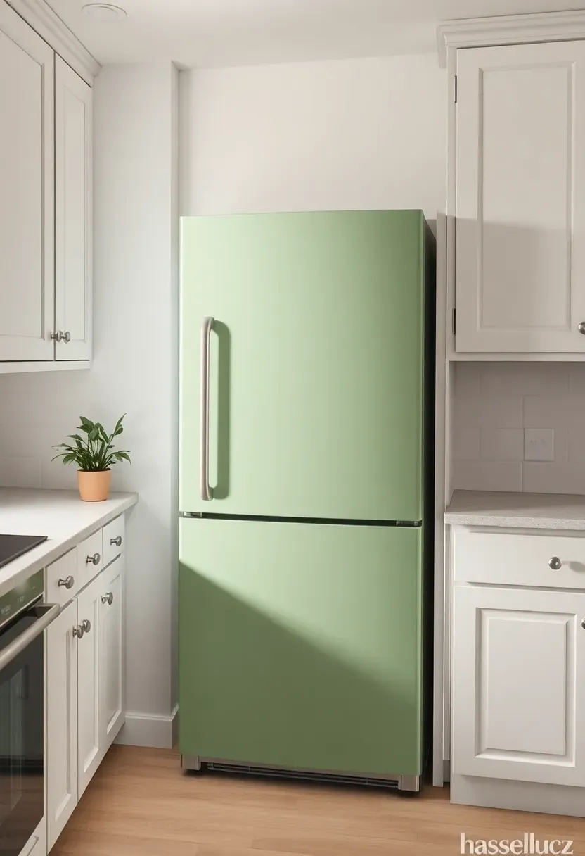 matte sage green vinyl wrap on a standard refrigerator in a white apartment kitchen