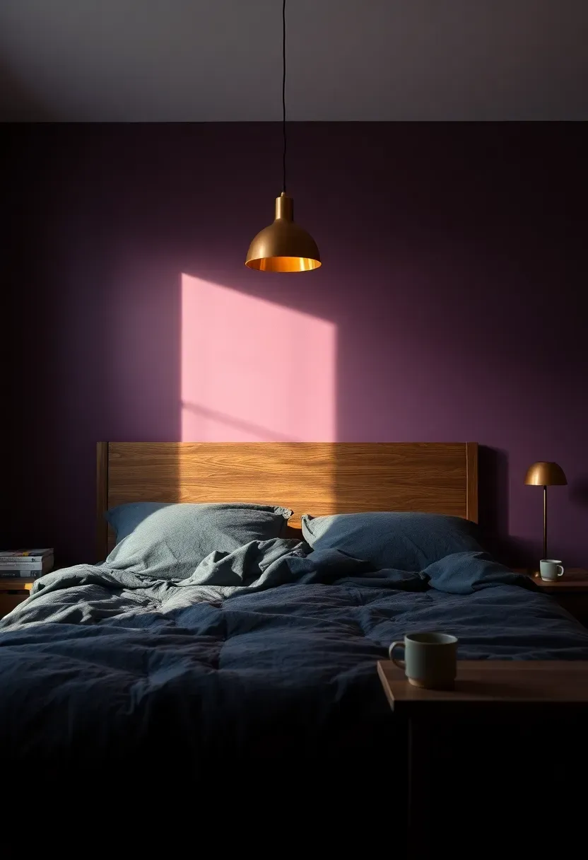 Moody bedroom with a deep plum purple accent wall behind a dark wood bed frame with charcoal velvet bedding and copper pendant lights