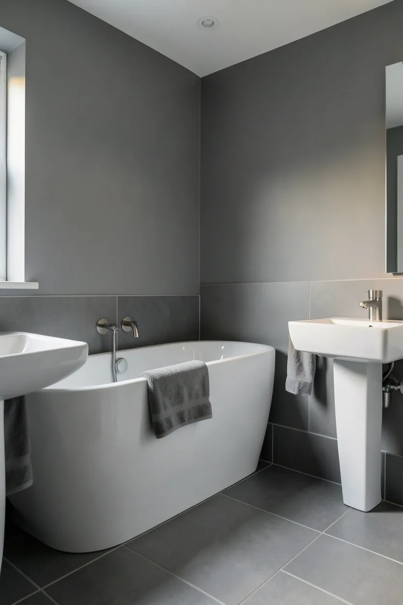 Monochromatic dove gray bathroom with matte tiles, brass fixtures, and striped towels in a small rental apartment