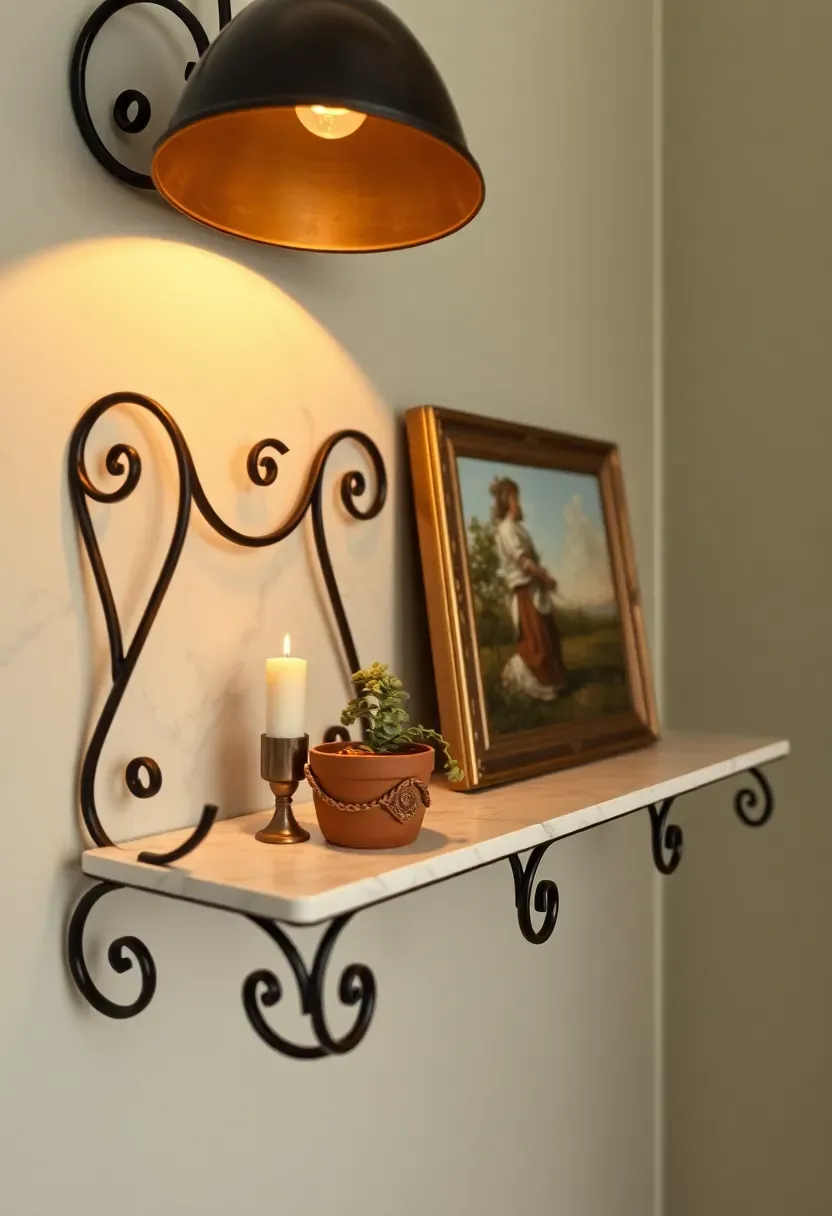 Wrought iron and marble shelf with scrolled iron supports and a thick white marble top, styled with classical objects and fresh greenery