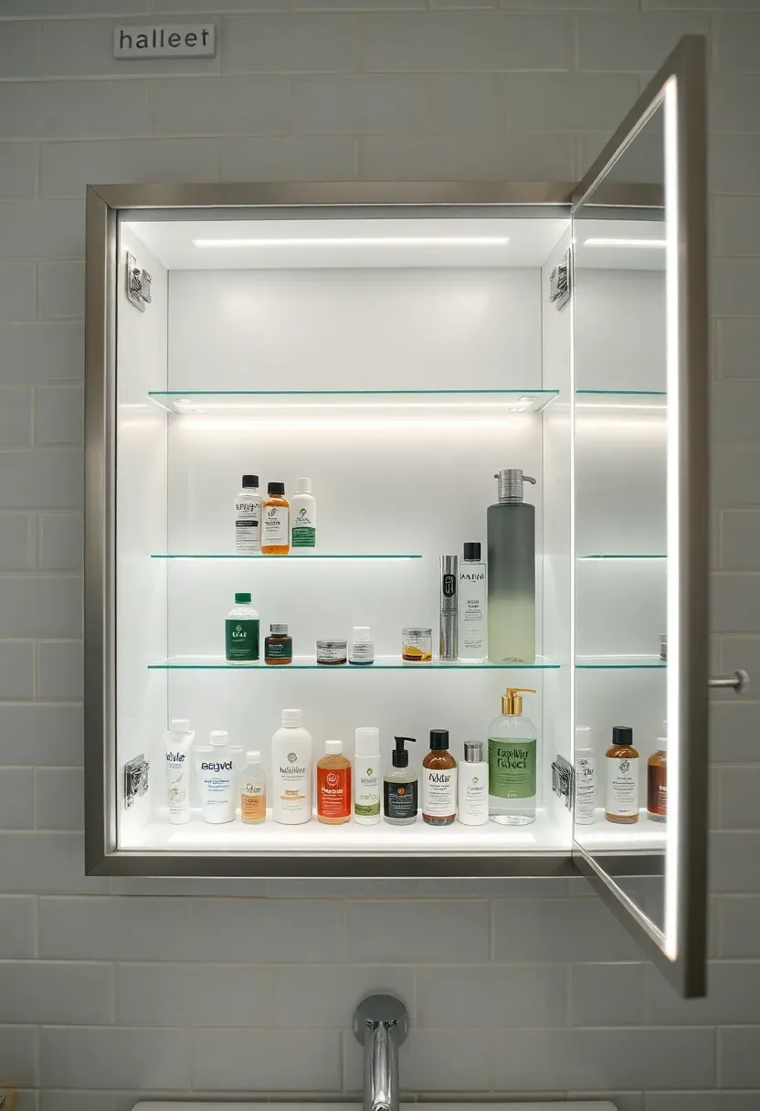 Open medicine cabinet with built-in LED lighting on the interior shelves and sides illuminating toiletries inside