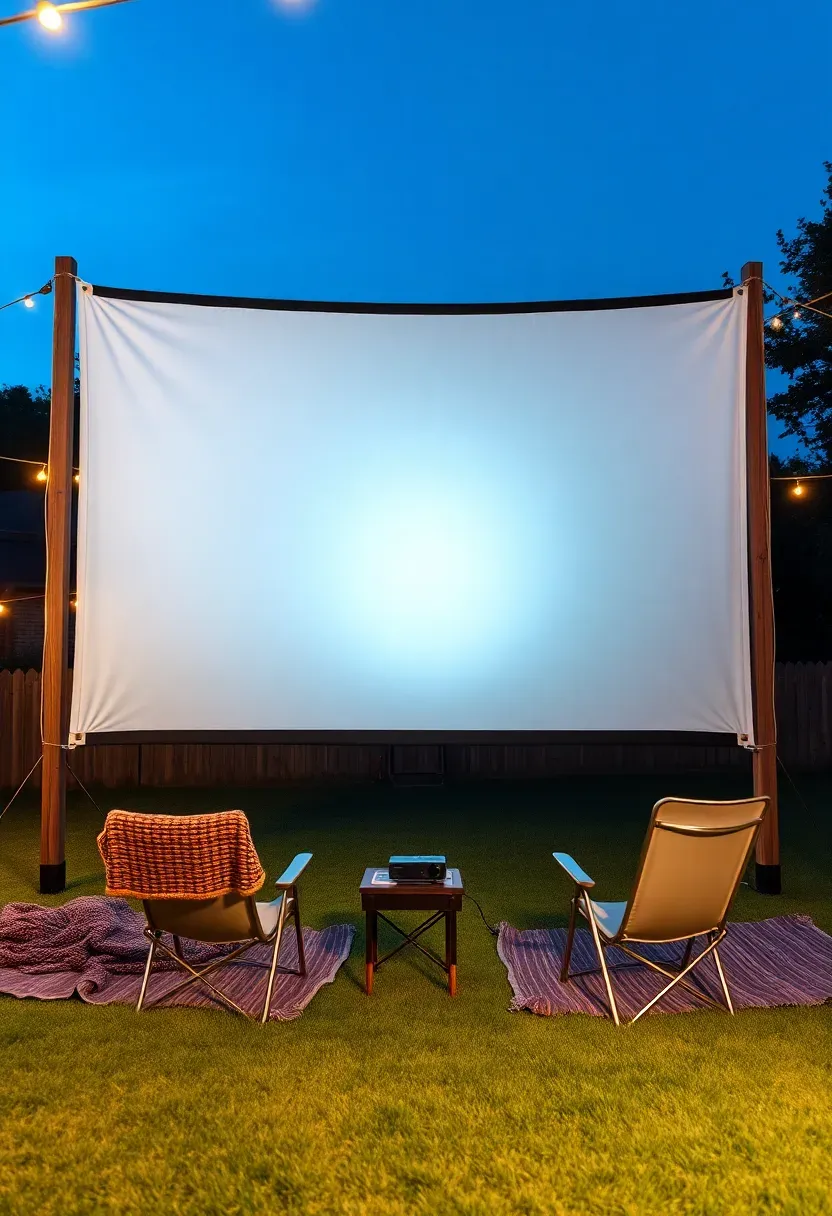 Backyard outdoor movie setup with a large white projection screen hung between posts and seating arranged on a lawn