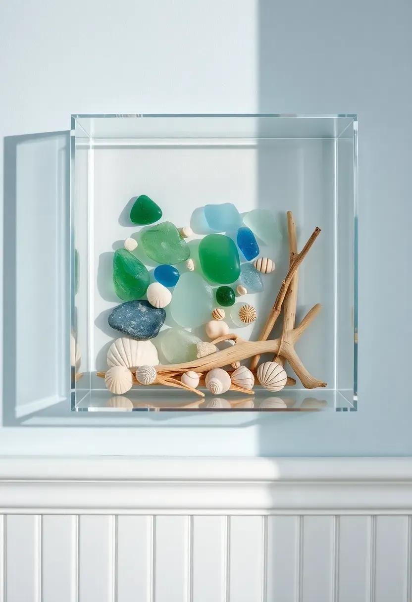 Clear acrylic shadow box frame displaying a collection of sea glass and shells with visible depth on a coastal bathroom wall