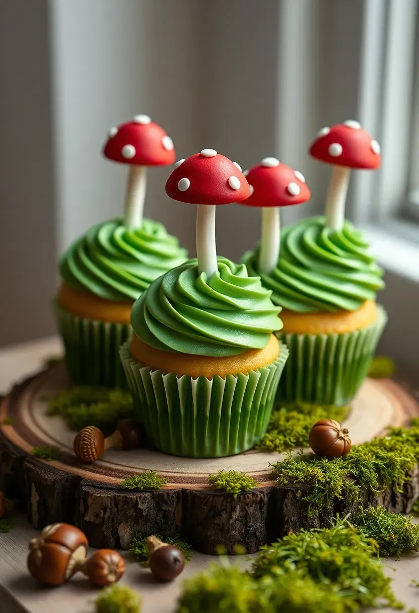 enchanted forest themed cupcakes with fondant mushroom toppers in red and white on green moss-like frosting