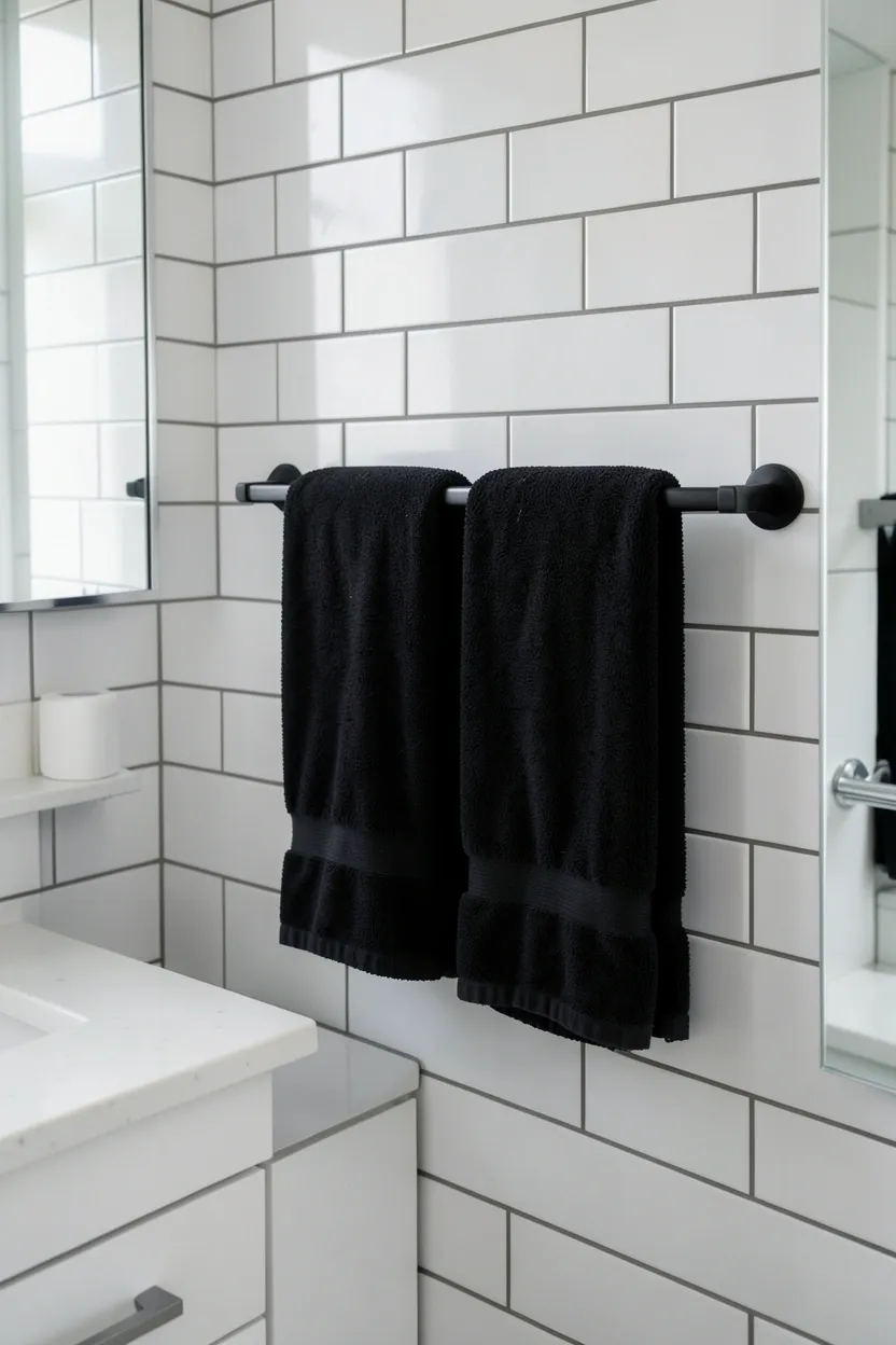 Hyper-realistic eye-level photograph of a modern black bathroom wall featuring matte black metal towel rail holding two neatly folded black towels, white subway tile background, white vanity with white quartz countertop. Natural light. Materials: matte black metal rail, black cotton towels, white subway tiles, white quartz, chrome fixtures. Dramatic black towel storage. Clean modern aesthetic. No text, no logos, no watermarks.</p>