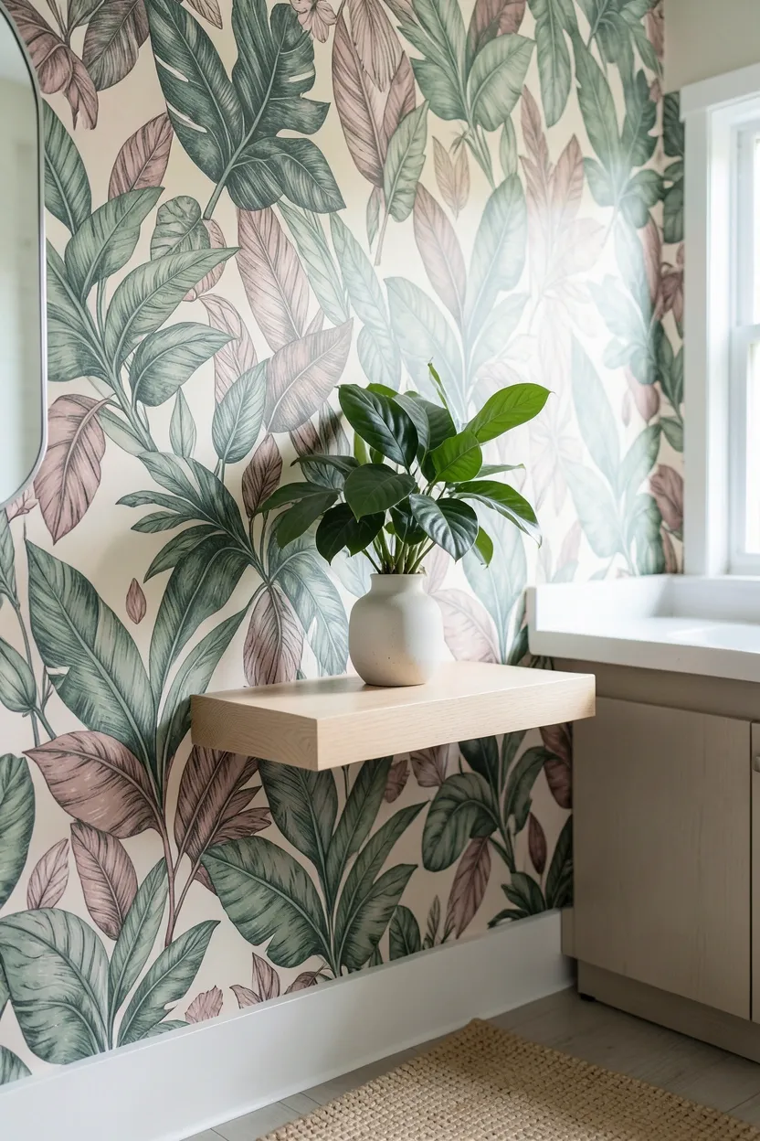 Toca Boca bathroom with large-scale tropical botanical print wallpaper in sage green and dusty pink