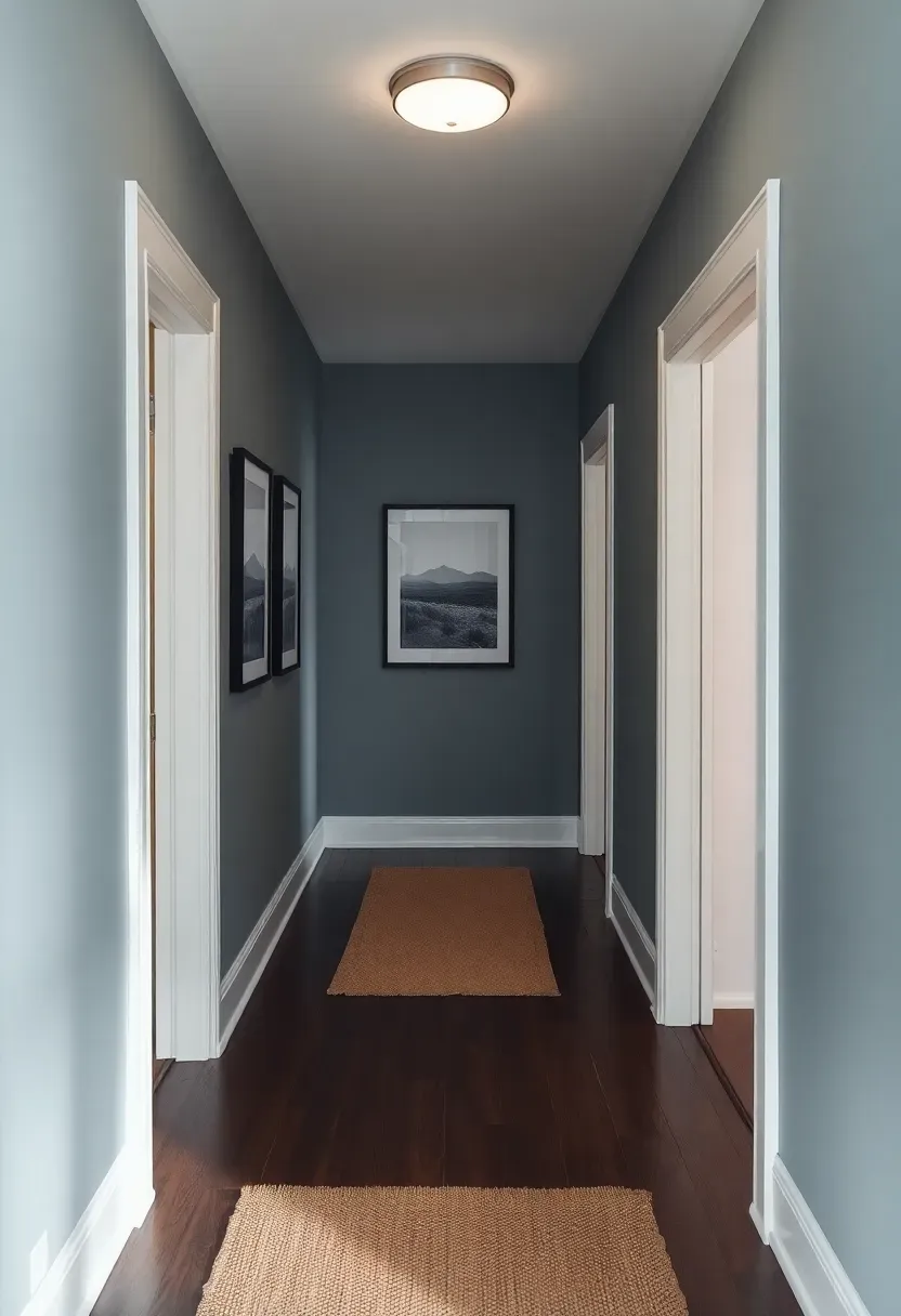 hallway painted in soft river stone blue-gray with framed landscape photographs and a jute runner