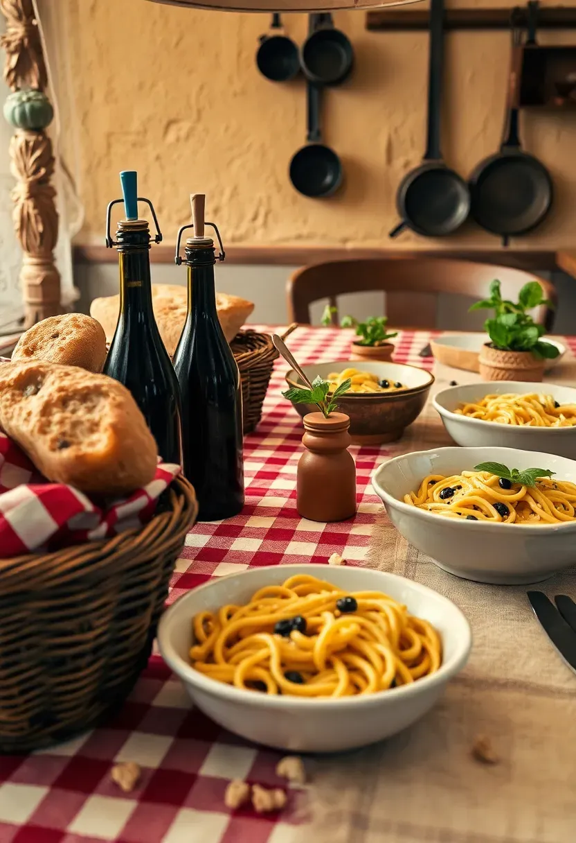 Italian trattoria family style table with checkered cloth, bread baskets, olive oil bottles, and large sharing bowls